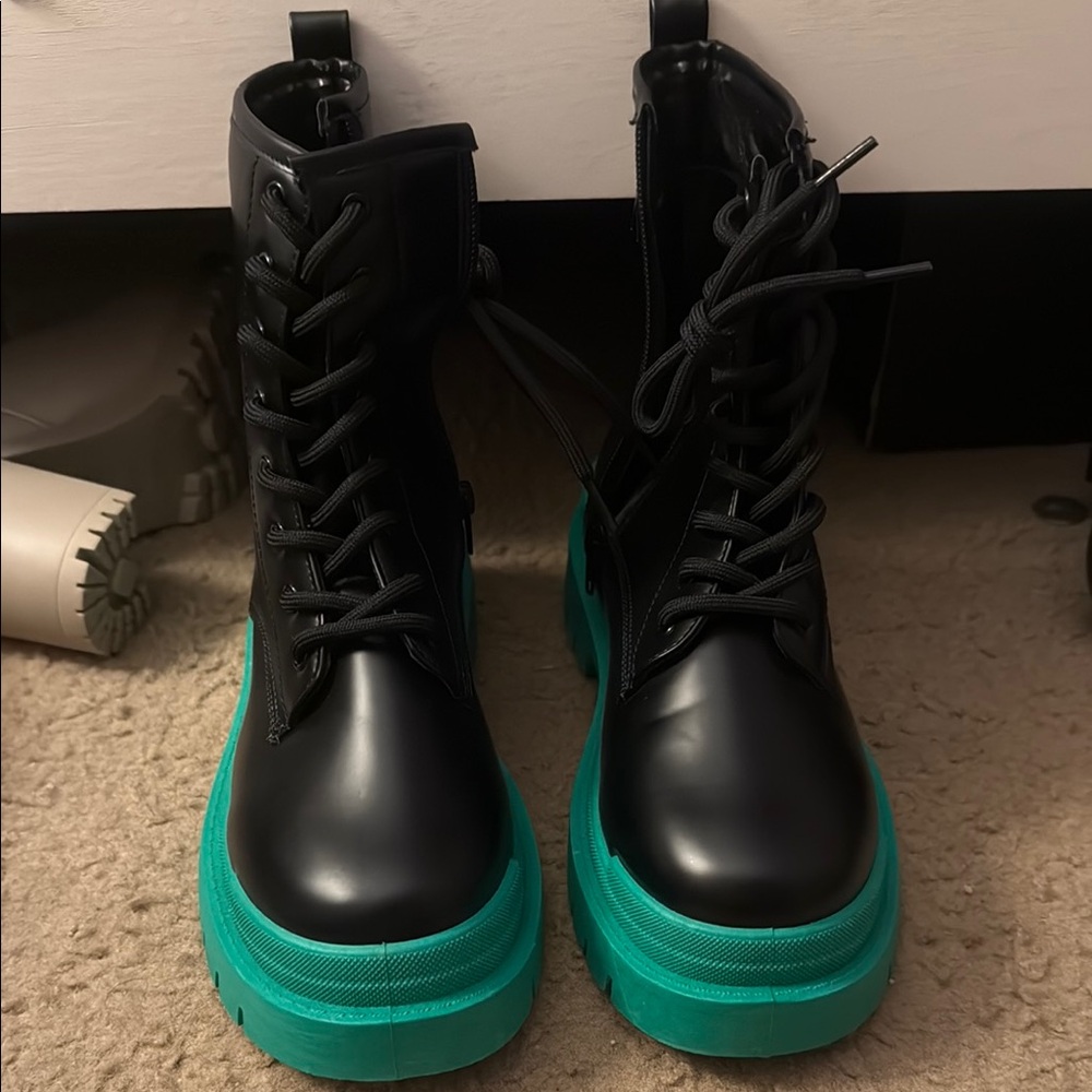Black and Green Combat Boots with Chunky Platform Sole